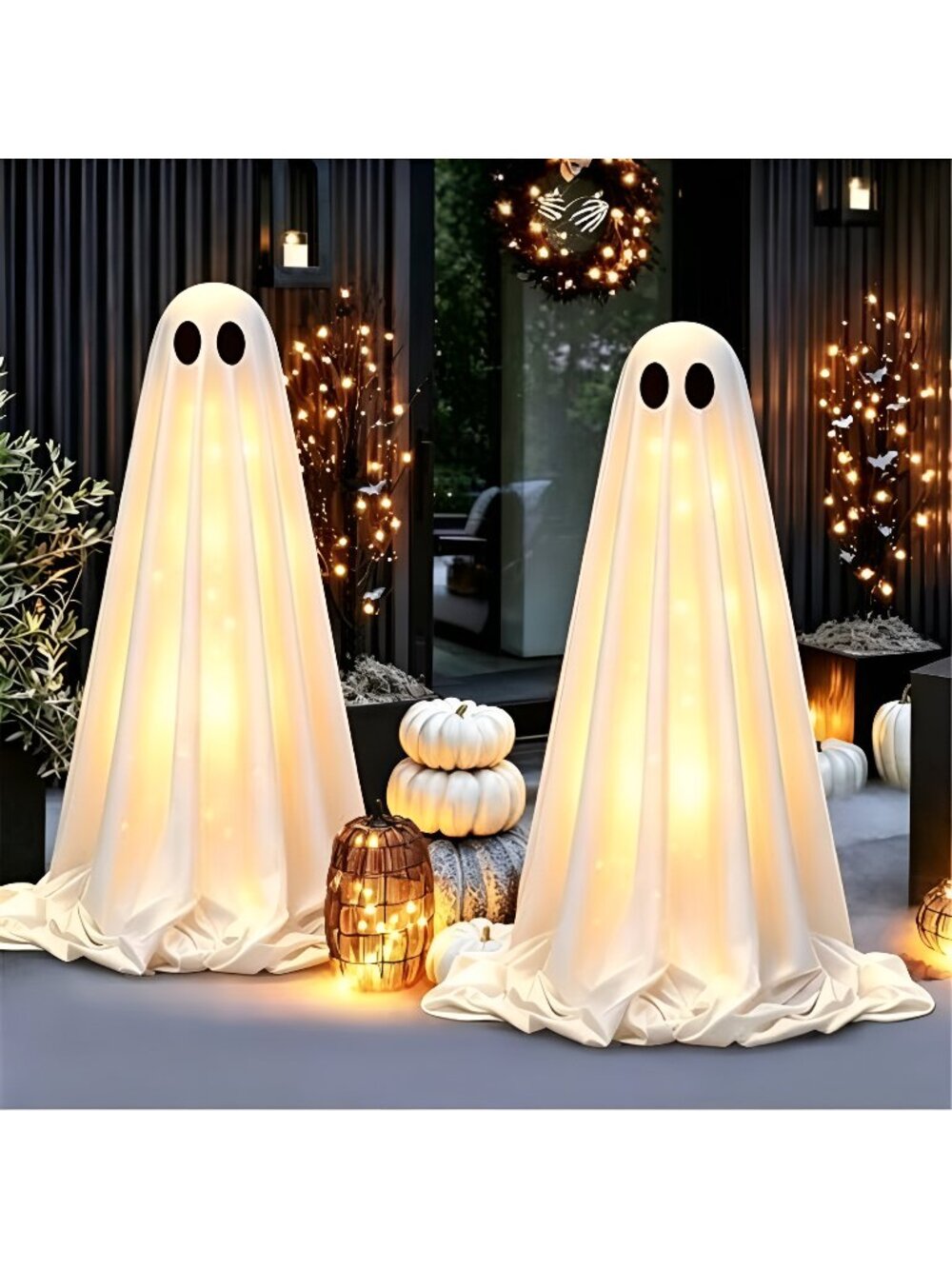 Halloween Decorations Outdoor Indoor, 2 Pack Light Up Cute Ghost Decoration,